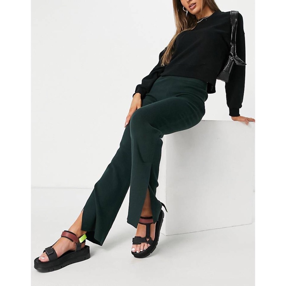 ASOS Weekday Cameo Slit Hem Knit Wool Blend Pants in Bottle Green